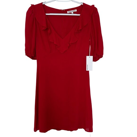 Reformation Simon Mini Dress NWT Size 2 Flutter Sleeve Cherry Red Romantic - Picture 1 of 13